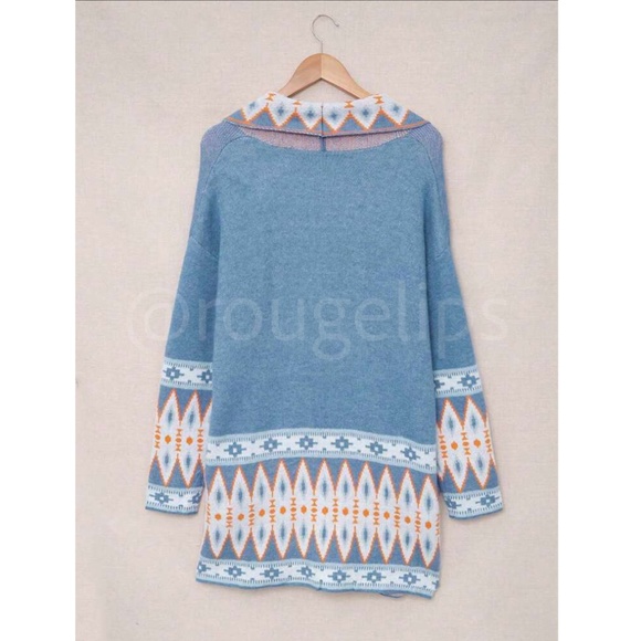Blue Cardigan Aztec Western Bohemian Print Knit Long Sleeve - Picture 8 of 16